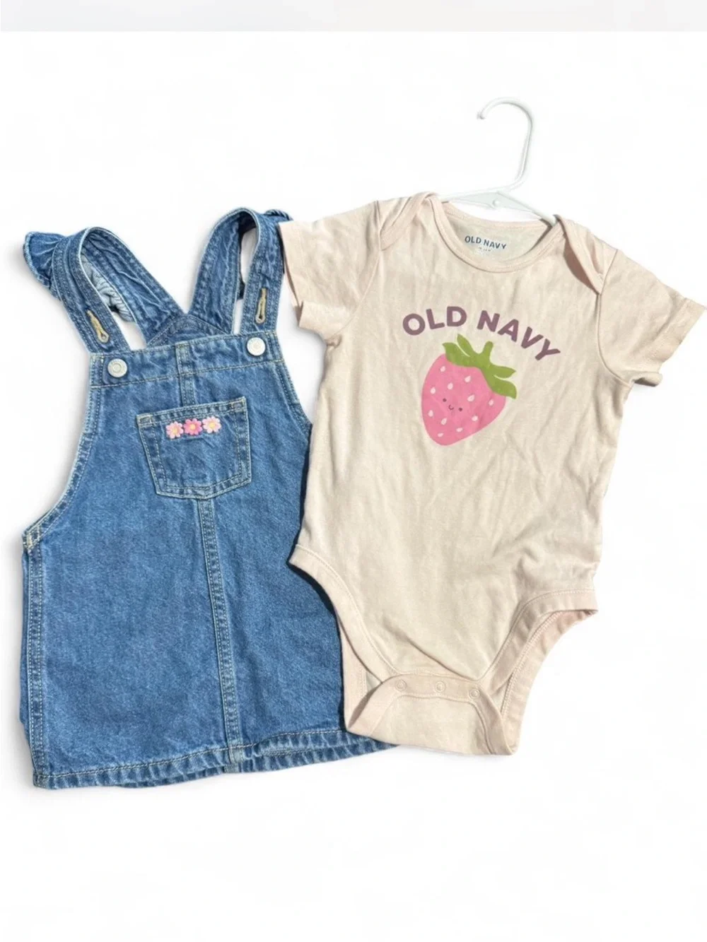 Old Navy Pink Strawberry Graphic Onesie with Blue Denim Overall Dress